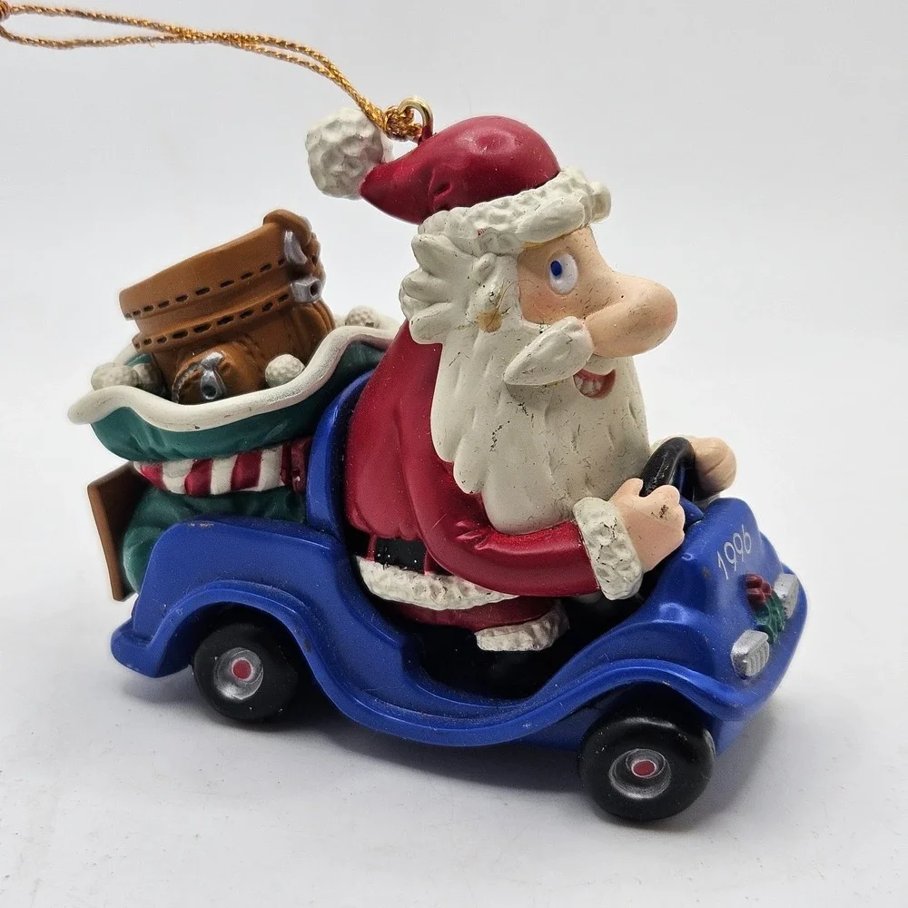 VTG 1996 Santa Claus Golfing Christmas Ornament Blue Car I'd Rather Be Golfing